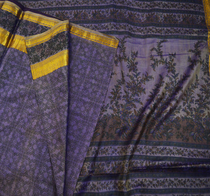 Indian Vintage Sari Purple & Green Pure Silk Printed Saree 5yd Sewing Quilting Craft Fabric DressMaking Soft Zari Used