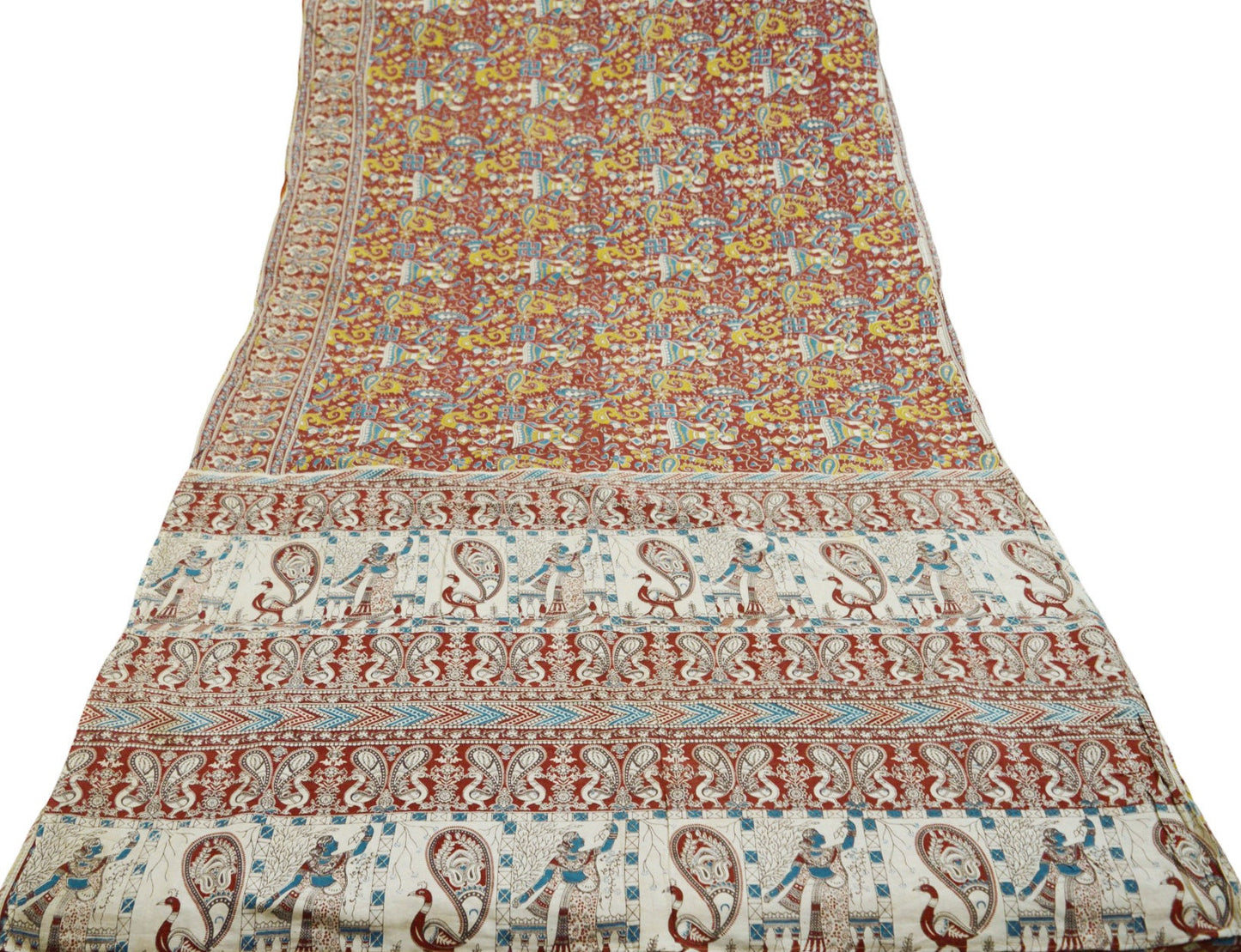 Indian Vintage Sari Kalamkari Printed Pure Cotton Saree Fabric Soft Floral 5Yd Sarong Wrap Fabric Peacock