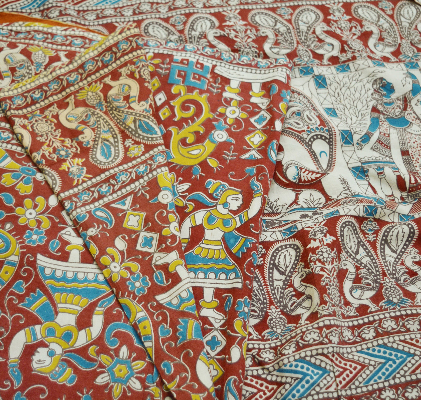 Indian Vintage Sari Kalamkari Printed Pure Cotton Saree Fabric Soft Floral 5Yd Sarong Wrap Fabric Peacock