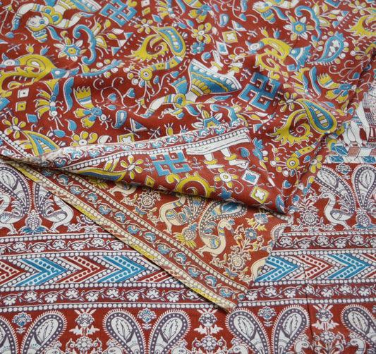 Indian Vintage Sari Kalamkari Printed Pure Cotton Saree Fabric Soft Floral 5Yd Sarong Wrap Fabric Peacock