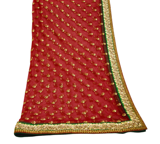 Indian Vintage Heavy Red Dupatta Net Mesh Long Stole Hand Embroidered Scarves Golden Zardozi Dabka Zari Stole