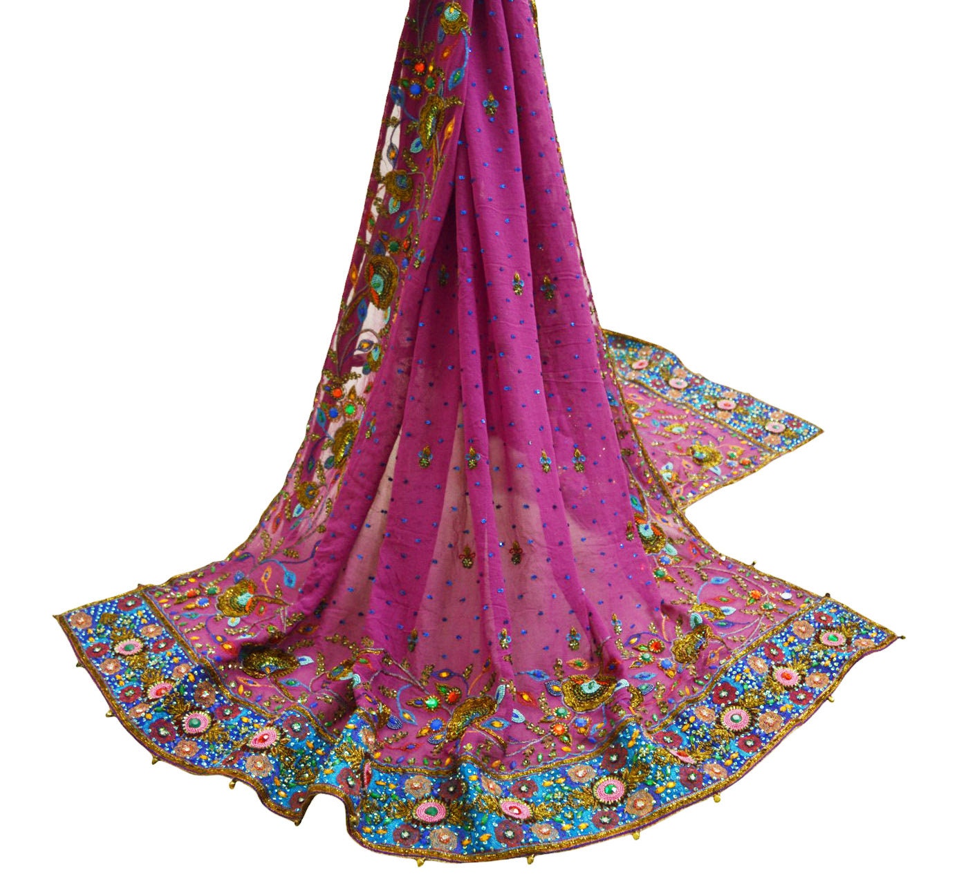 Indian Vintage Heavy Purple Dupatta Pure Georgette Silk Long Stole Hand Embroidered Gota Patti Scarf Zari