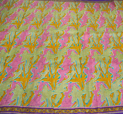 Indian Vintage  Sari Pink & Green Pure Silk Printed Saree  5yd Sewing Craft Fabric  Dress Making  Soft Abstract Ethnic