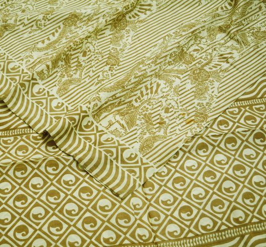 Vintage Sari Brown & Ivory 100% Pure Silk Printed Saree Fabric 5yard Sewing Floral Soft Dress Designing for Crafting