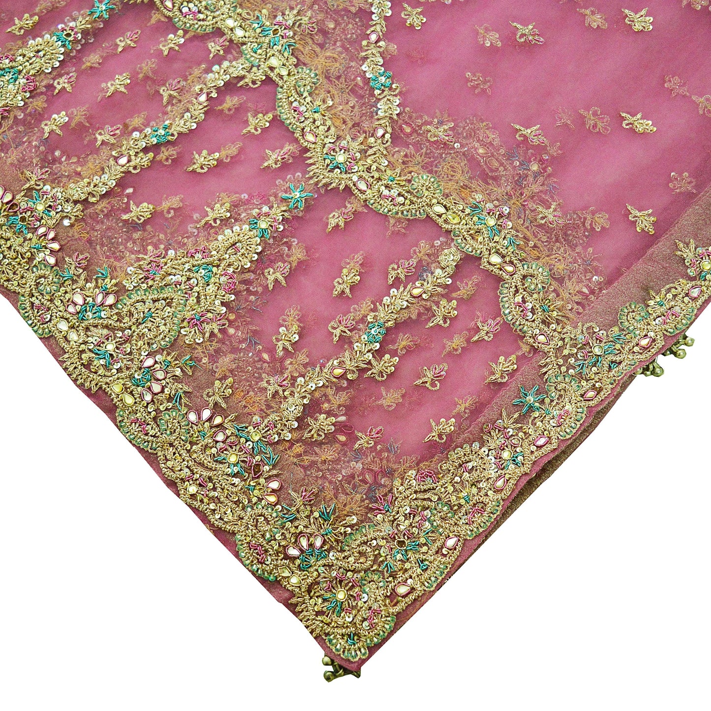 Indian Vintage Heavy Pink Dupatta Net Mesh Long Stole Hand Embroidered Scarves Silver Zardozi Dabka Zari Sequins