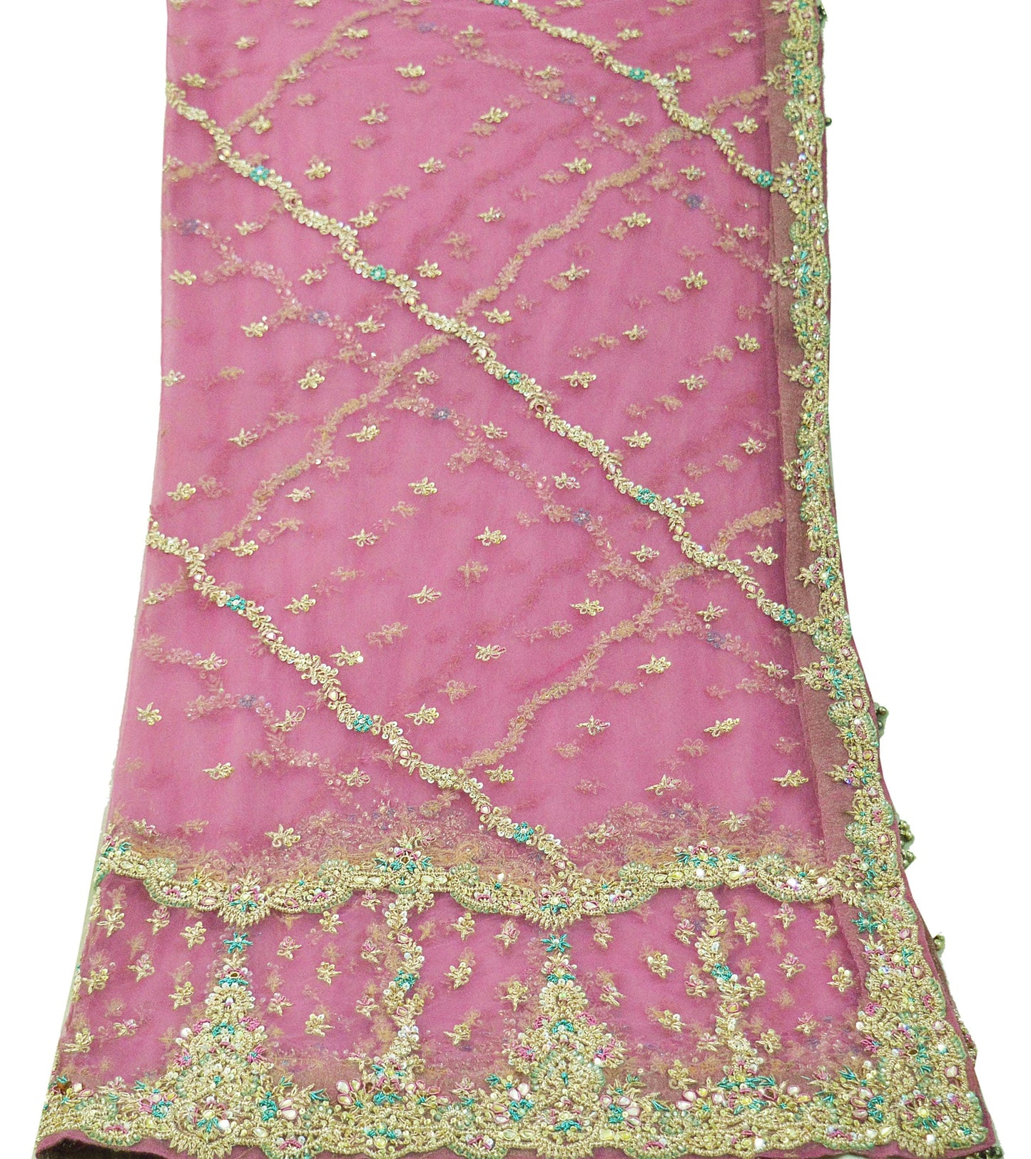 Indian Vintage Heavy Pink Dupatta Net Mesh Long Stole Hand Embroidered Scarves Silver Zardozi Dabka Zari Sequins