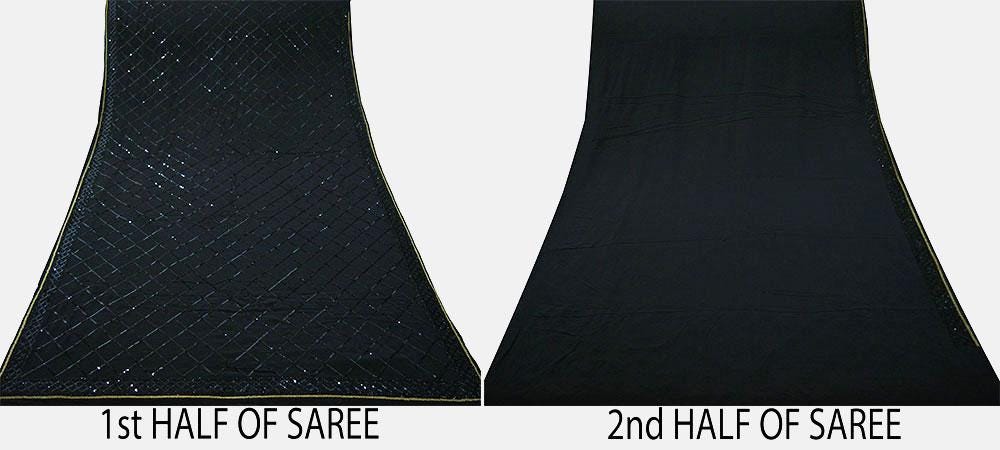 FREE SHIPPING Indian Vintage Black Saree Pure Crepe Silk Hand Embroidered Indian Sari Fabric 5Yd Sewing Soft Sequins