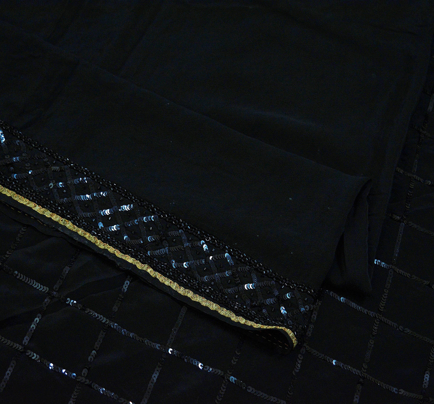 FREE SHIPPING Indian Vintage Black Saree Pure Crepe Silk Hand Embroidered Indian Sari Fabric 5Yd Sewing Soft Sequins