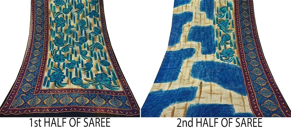 Indian Vintage Sari Beige & Blue Pure Georgette Silk Saree Craft Fabric Sewing 6Yard Soft Light Dress Making Floral