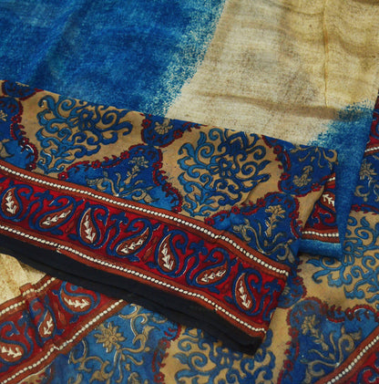 Indian Vintage Sari Beige & Blue Pure Georgette Silk Saree Craft Fabric Sewing 6Yard Soft Light Dress Making Floral