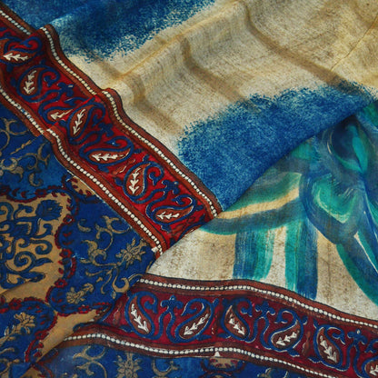 Indian Vintage Sari Beige & Blue Pure Georgette Silk Saree Craft Fabric Sewing 6Yard Soft Light Dress Making Floral