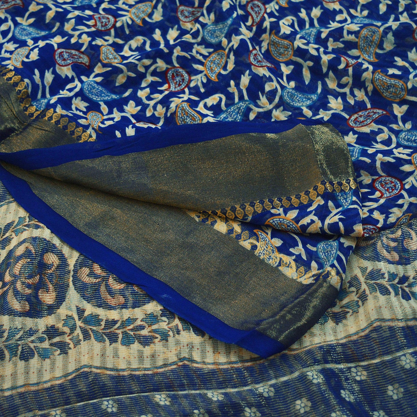 Indian Vintage Sari Blue Printed Sari Blend Cotton Saree Fabric 5Yard Floral Soft Golden Zari Paisley