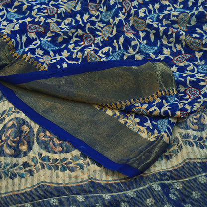 Indian Vintage Sari Blue Printed Sari Blend Cotton Saree Fabric 5Yard Floral Soft Golden Zari Paisley