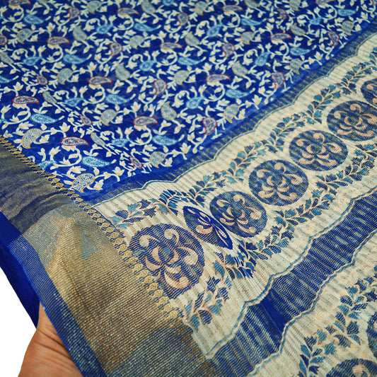 Indian Vintage Sari Blue Printed Sari Blend Cotton Saree Fabric 5Yard Floral Soft Golden Zari Paisley
