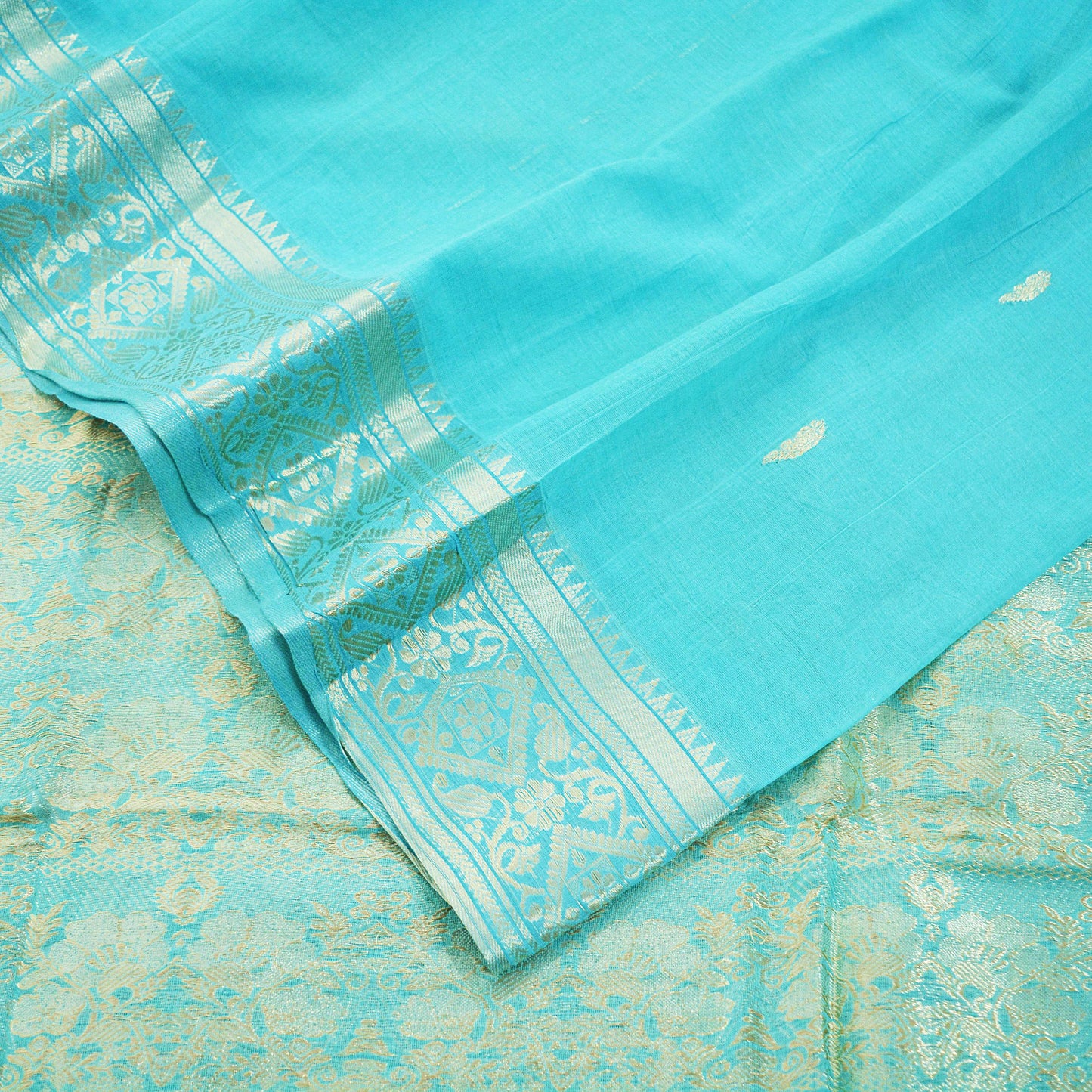 Vintage Sari Blue Pure Cotton Hand Woven Saree Golden Zari 5Yard Soft Floral Golden Zari