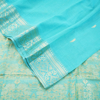 Vintage Sari Blue Pure Cotton Hand Woven Saree Golden Zari 5Yard Soft Floral Golden Zari