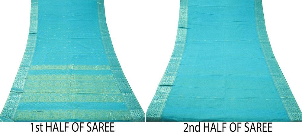 Vintage Sari Blue Pure Cotton Hand Woven Saree Golden Zari 5Yard Soft Floral Golden Zari