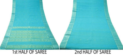 Vintage Sari Blue Pure Cotton Hand Woven Saree Golden Zari 5Yard Soft Floral Golden Zari