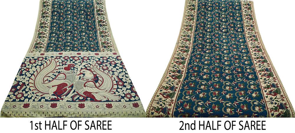 Indian Vintage Sari Blue Kalamkari Printed Pure Cotton Saree Fabric Soft Floral 5Yd Sarong Wrap Fabric Peacock