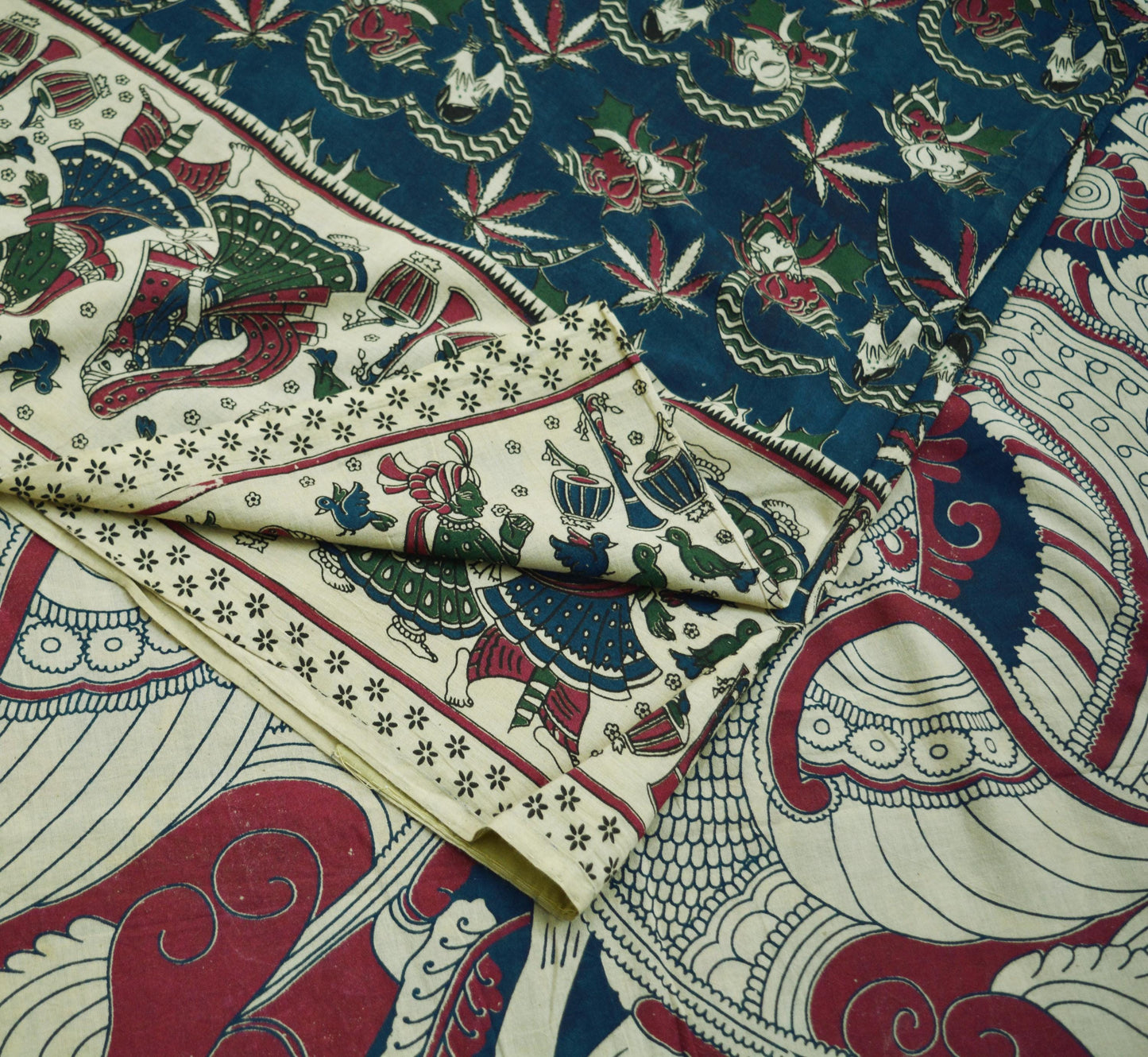 Indian Vintage Sari Blue Kalamkari Printed Pure Cotton Saree Fabric Soft Floral 5Yd Sarong Wrap Fabric Peacock