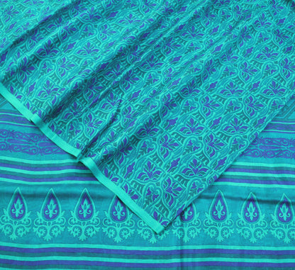 Indian Vintage Saree Blue Pure Silk Printed Sari 5yd Craft Fabric Sewing Floral Soft Wrap Sarong Quilting Used