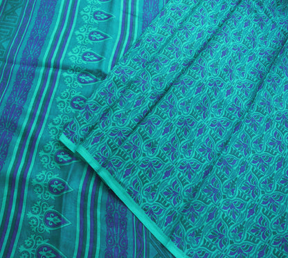 Indian Vintage Saree Blue Pure Silk Printed Sari 5yd Craft Fabric Sewing Floral Soft Wrap Sarong Quilting Used