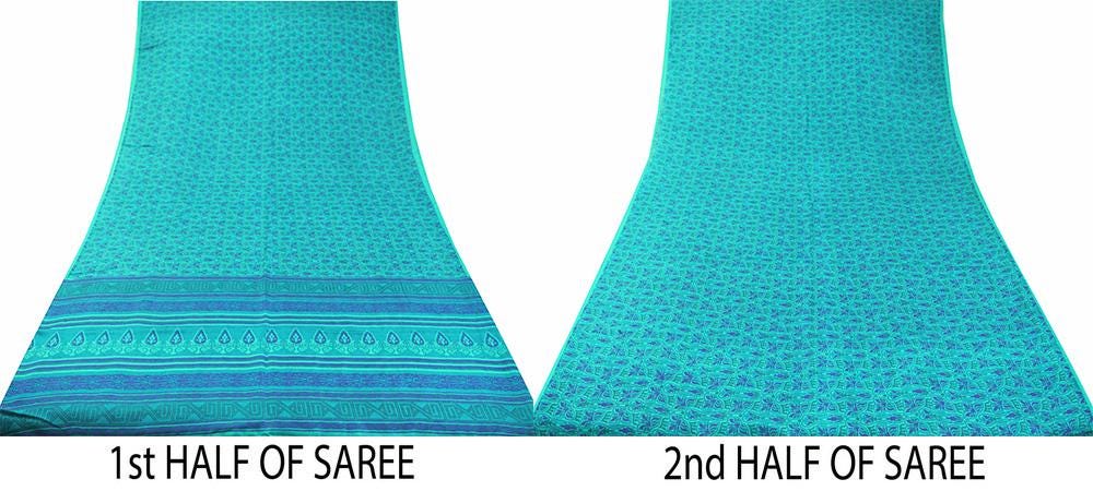 Indian Vintage Saree Blue Pure Silk Printed Sari 5yd Craft Fabric Sewing Floral Soft Wrap Sarong Quilting Used