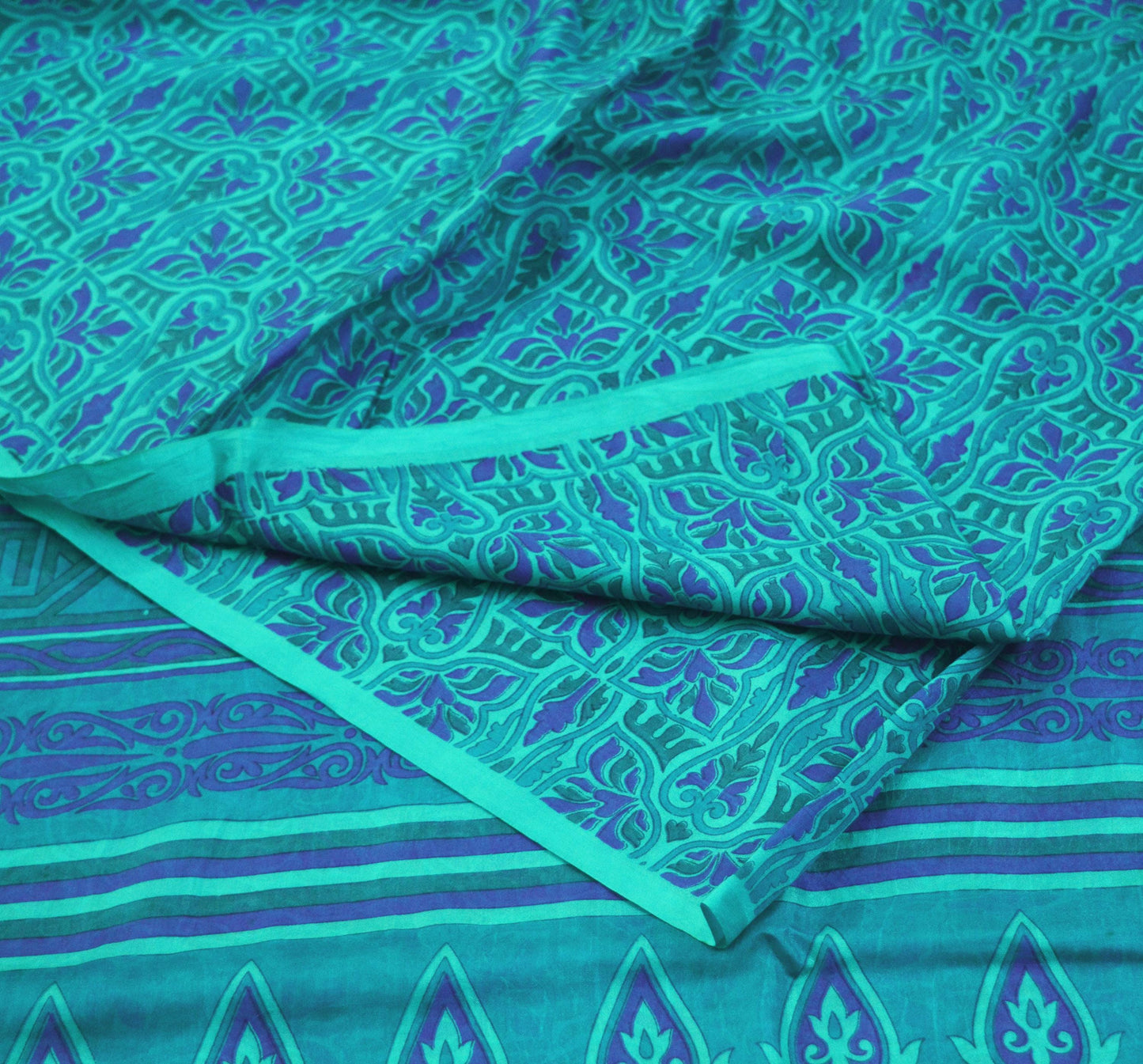 Indian Vintage Saree Blue Pure Silk Printed Sari 5yd Craft Fabric Sewing Floral Soft Wrap Sarong Quilting Used