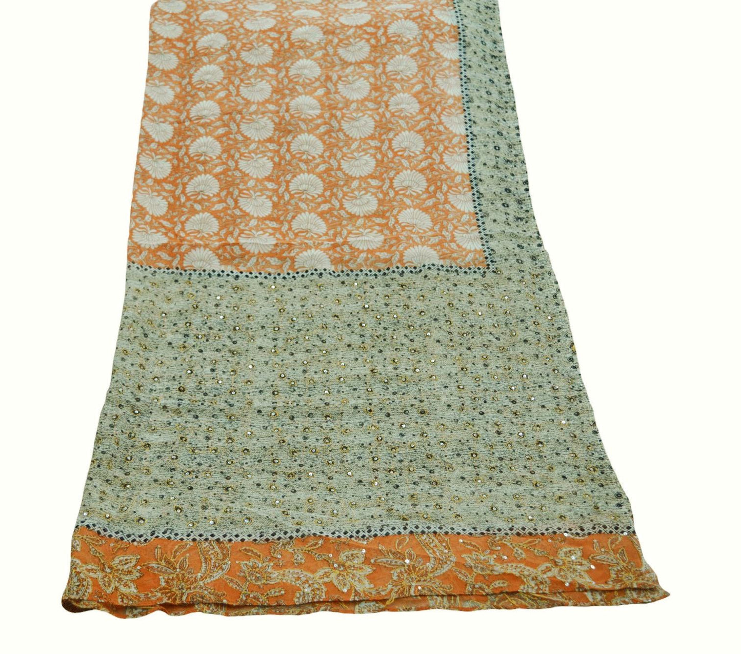 Indian Orange Vintage Dupatta Long Stole Hand Embroidered kantha stole Pure Georgette Silk Indian Scarves Veil Wrap Soft