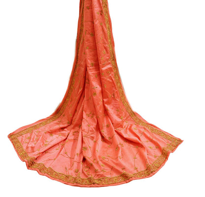 Indian Vintage Heavy Wedding Peach Dupatta Pure Satin Silk Long Stole Hand Embroidered Scarves Golden Zardozi Stole