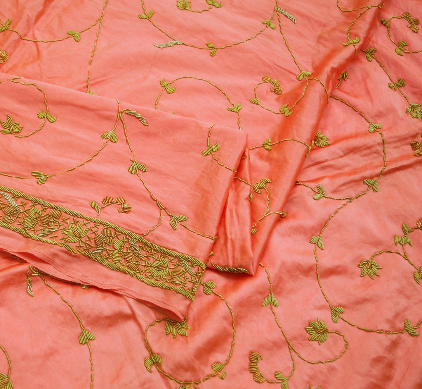 Indian Vintage Heavy Wedding Peach Dupatta Pure Satin Silk Long Stole Hand Embroidered Scarves Golden Zardozi Stole