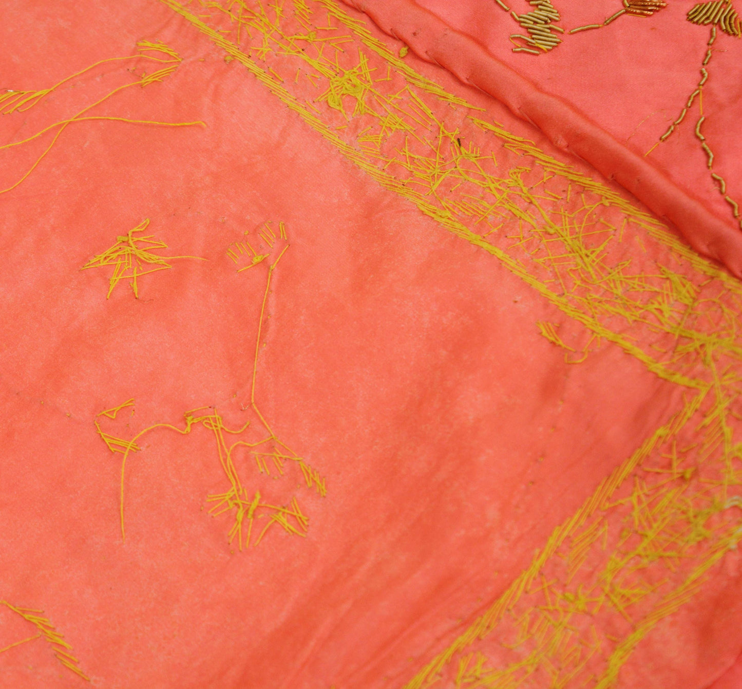 Indian Vintage Heavy Wedding Peach Dupatta Pure Satin Silk Long Stole Hand Embroidered Scarves Golden Zardozi Stole