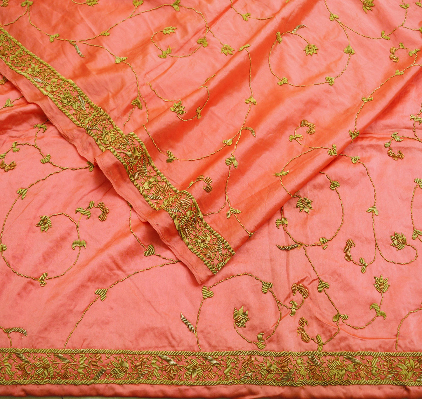 Indian Vintage Heavy Wedding Peach Dupatta Pure Satin Silk Long Stole Hand Embroidered Scarves Golden Zardozi Stole