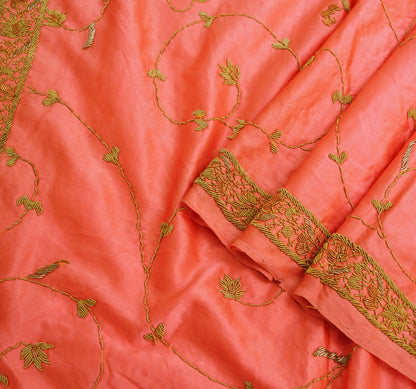 Indian Vintage Heavy Wedding Peach Dupatta Pure Satin Silk Long Stole Hand Embroidered Scarves Golden Zardozi Stole