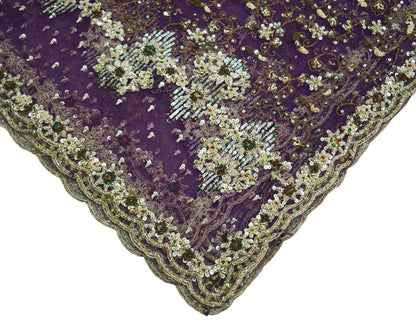 Indian Vintage Heavy Purple Dupatta Net Mesh Long Stole Hand Embroidered Scarf Purple Zardozi Zari Sequins Stole