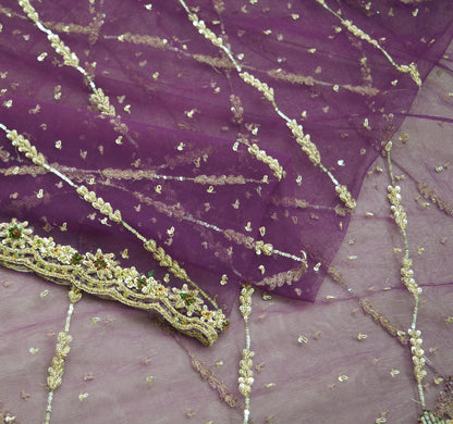 Indian Vintage Heavy Purple Dupatta Net Mesh Long Stole Hand Embroidered Scarf Purple Zardozi Zari Sequins Stole