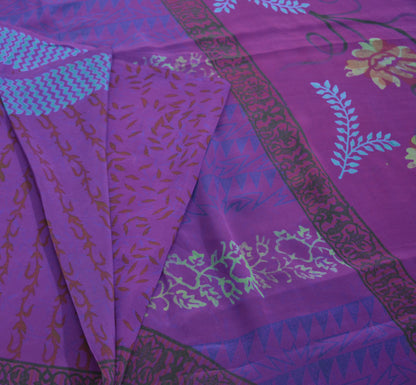 Indian Vintage Sari Purple Pure Crepe Silk Printed Saree 5yard Sewing Floral Soft Craft Fabric Wrap