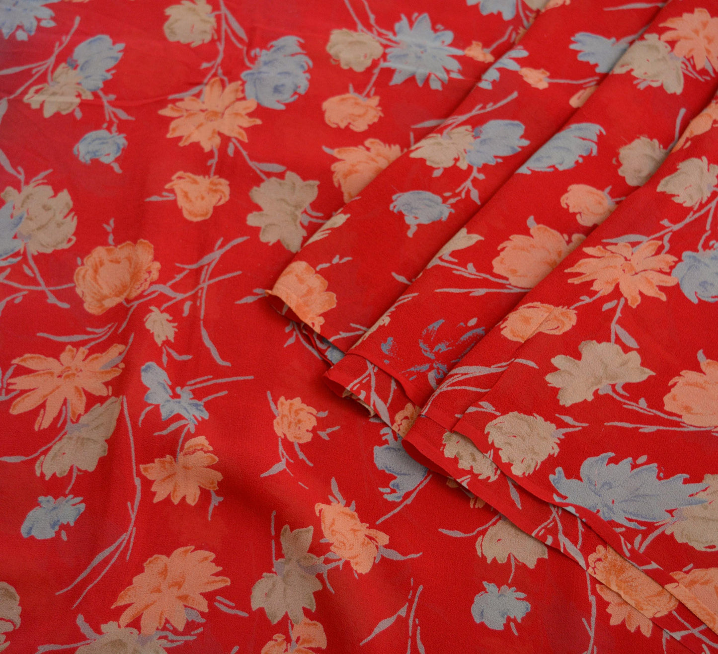 Women Vintage Sari Red Pure Chiffon Silk Printed Saree Craft Fabric Sewing 6Yard Soft Light Sari Dress Making Floral