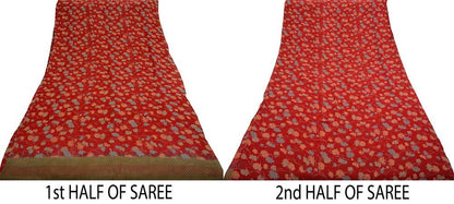 Women Vintage Sari Red Pure Chiffon Silk Printed Saree Craft Fabric Sewing 6Yard Soft Light Sari Dress Making Floral