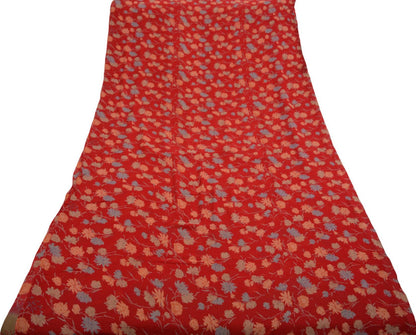 Women Vintage Sari Red Pure Chiffon Silk Printed Saree Craft Fabric Sewing 6Yard Soft Light Sari Dress Making Floral