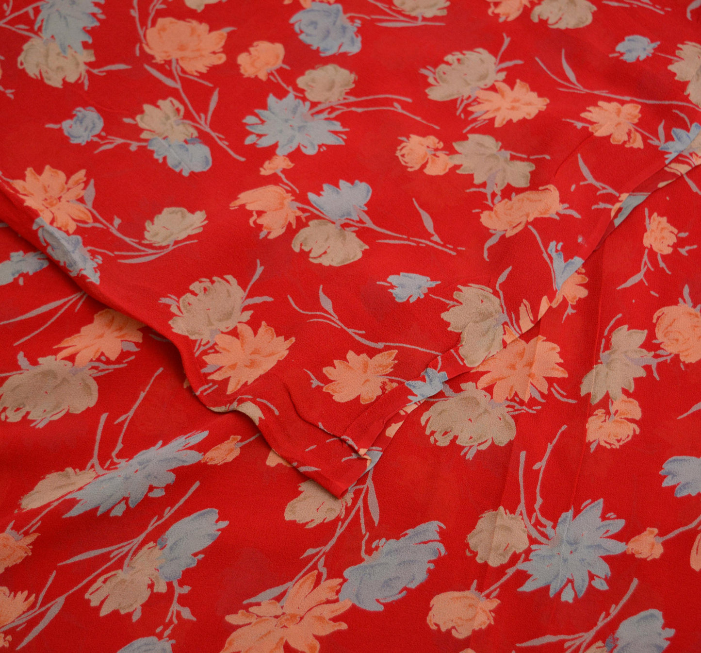 Women Vintage Sari Red Pure Chiffon Silk Printed Saree Craft Fabric Sewing 6Yard Soft Light Sari Dress Making Floral
