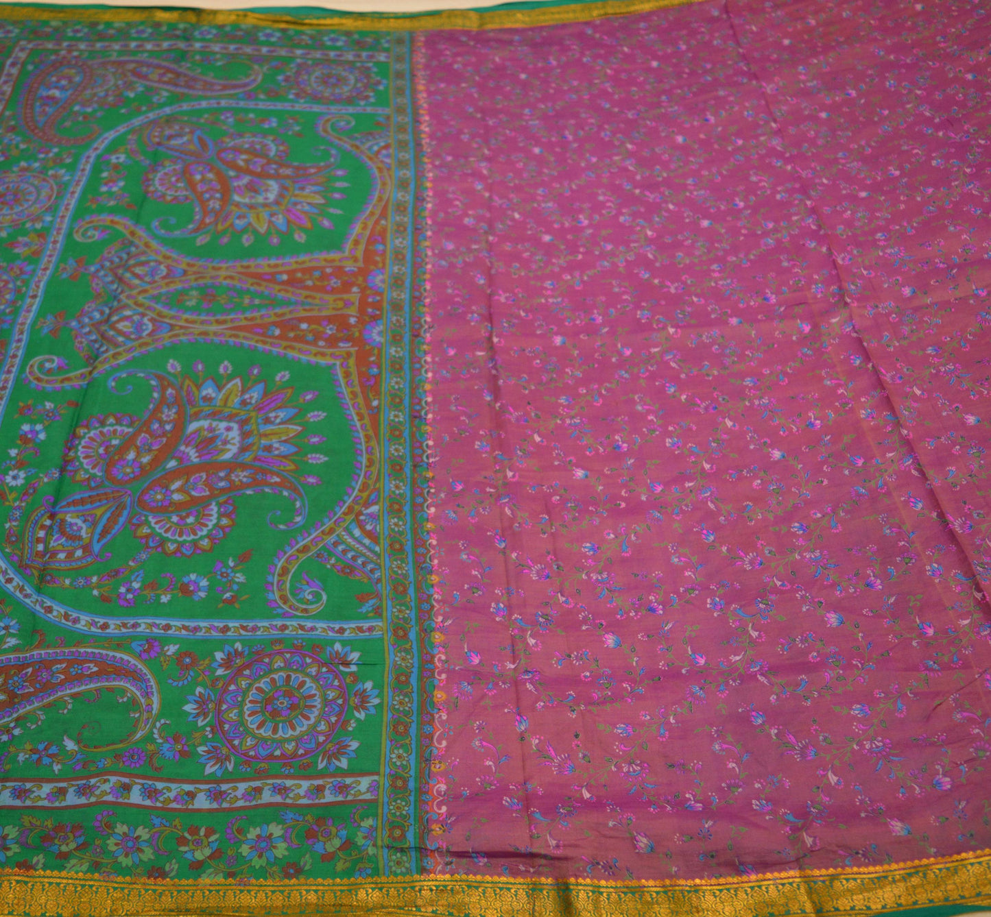 Indian Vintage Sari Purple & Green Pure Silk Printed Sarees 5yd Sewing Quilting Craft Fabric Dress Making Soft Zari Border Crafting Used