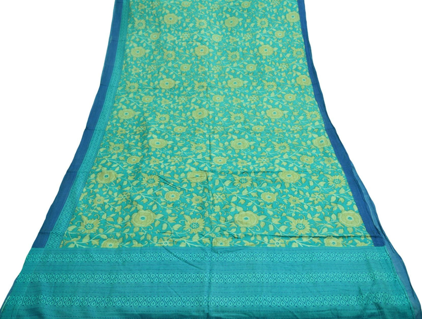 Indian Vintage Sari Beige & Blue Pure Silk Printed Saree Fabric 5yard Sewing Craft DressMaking  Soft Floral