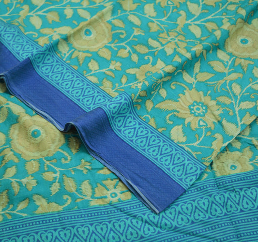 Indian Vintage Sari Beige & Blue Pure Silk Printed Saree Fabric 5yard Sewing Craft DressMaking  Soft Floral