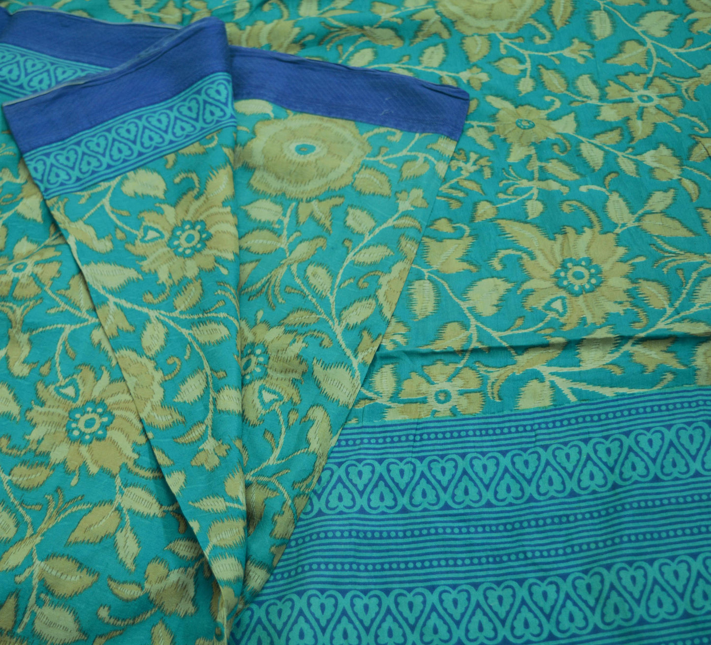 Indian Vintage Sari Beige & Blue Pure Silk Printed Saree Fabric 5yard Sewing Craft DressMaking  Soft Floral