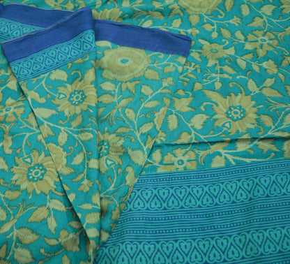 Indian Vintage Sari Beige & Blue Pure Silk Printed Saree Fabric 5yard Sewing Craft DressMaking  Soft Floral