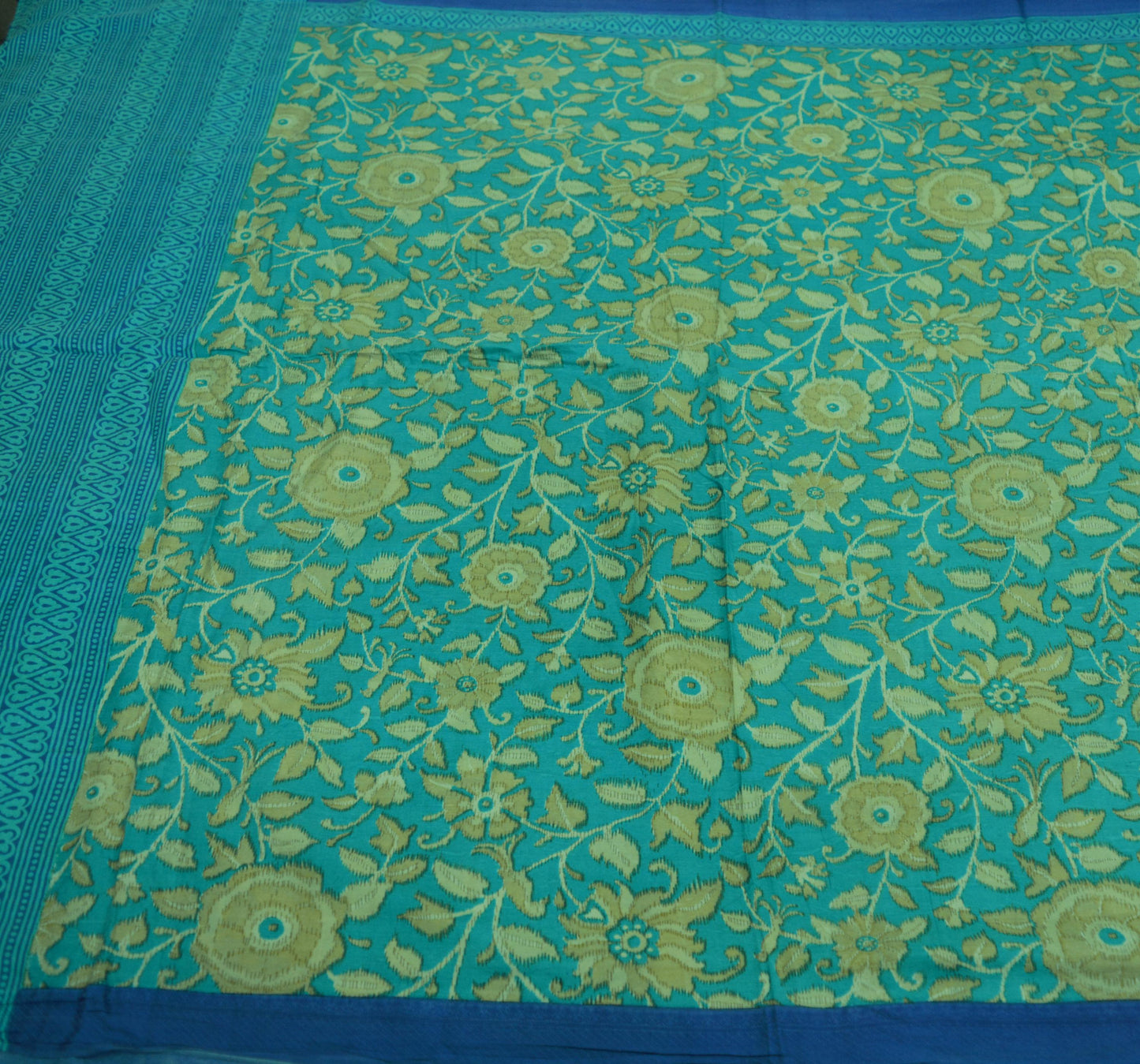 Indian Vintage Sari Beige & Blue Pure Silk Printed Saree Fabric 5yard Sewing Craft DressMaking  Soft Floral