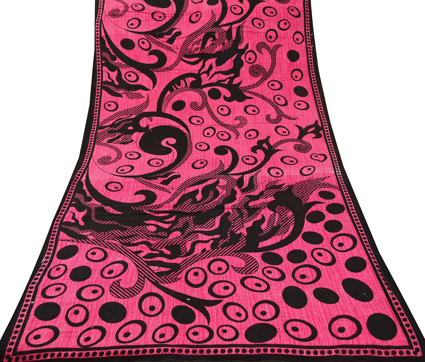 Indian Vintage Sari Pink & Black Printed 100% Pure Cotton Saree Craft Soft Fabric 5Yd Sewing Sarong Wrap Boho Polka Dot