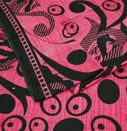 Indian Vintage Sari Pink & Black Printed 100% Pure Cotton Saree Craft Soft Fabric 5Yd Sewing Sarong Wrap Boho Polka Dot