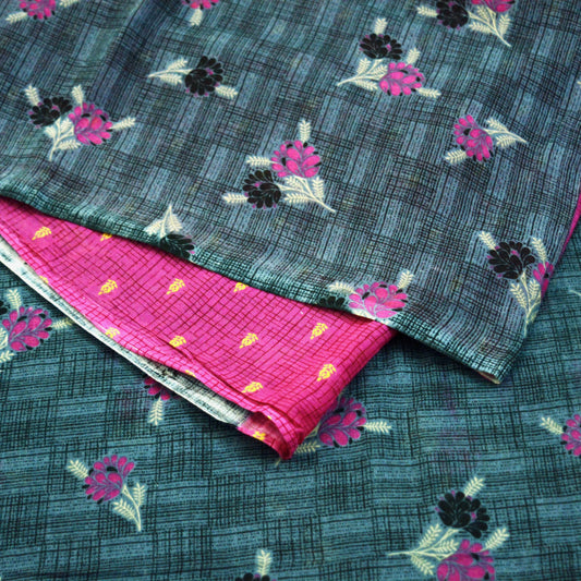Indian Vintage Sari Gray & Pink Printed Blend Cotton Saree Craft Soft Fabric 5Yard Sewing Sarong Wrap Boho Paisley